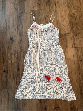 THML White & Blue Tribal Midi Sundress with Red Tassels